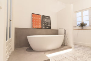 Bañera exenta|Salón|Comedor|Cocina|Isla cocina|Baño microcemento